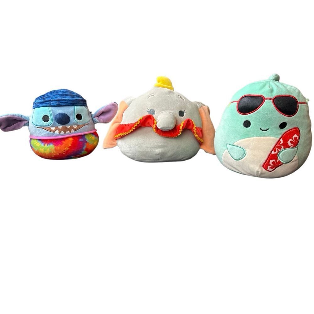 Disney Squishmallows Plush Lot of 3 Stitch Dumbo Beach Theme Stuffed Toys